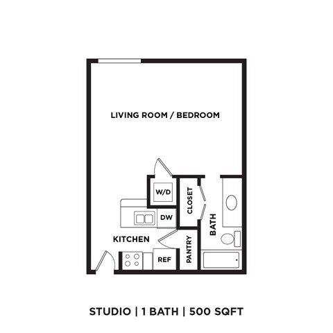 A black and white diagram of a studio apartment layout.